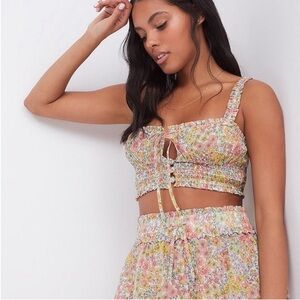For Love and Lemons Esme Cami Crop Tank Top Pink Yellow Keyhole‎ Floral Small